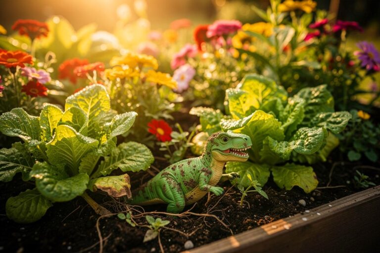 Illustration von kleinen Plastikdinosauriern, die zwischen Salatköpfen und Blumen in einem Gartenbeet versteckt sind.
