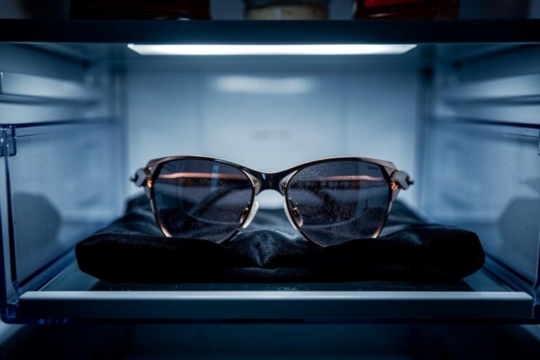 Illustration von einer hochwertigen Sonnenbrille, die in einem geöffneten Kühlschrank auf einem weichen Tuch im Gemüsefach liegt.