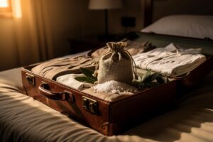 Illustration von geöffnetem Reisekoffer mit Kleidung, in dem ein geöffneter grober Leinenbeutel mit weißem Speisesalz und Lorbeerblättern zwischen den Textilien liegt.