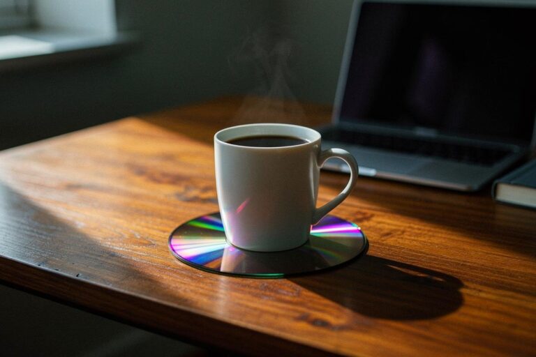 Illustration von einer Kaffeetasse, die auf einer glänzenden CD als Untersetzer in einem modernen Büro mit Laptop und Notebook steht.