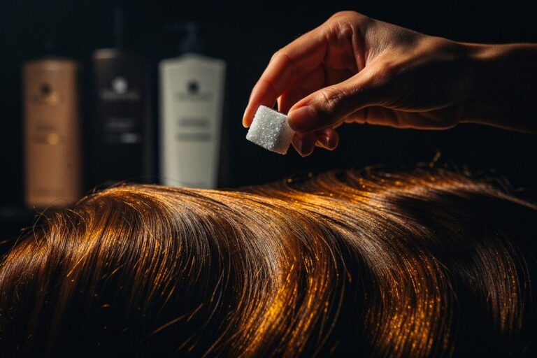 Illustration von einer Hand, die einen Zuckerwürfel über voluminösem, glänzendem Haar hält, während im Hintergrund teure Beauty-Produkte in den Schatten gestellt werden.