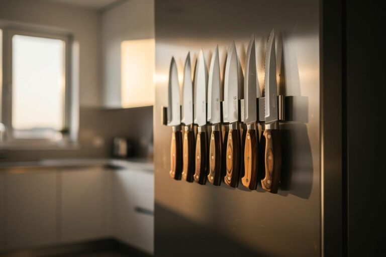 Illustration von scharfen Küchenmessern, die geordnet an einer Magnetleiste an der Seite eines modernen Kühlschranks befestigt sind.
